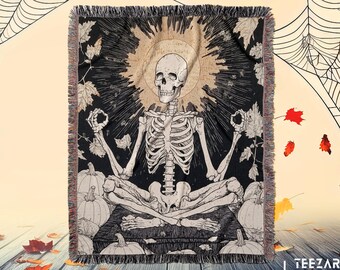 Skeleton Yoga Woven Blanket: Gothic Halloween Cotton Tapestry Throw