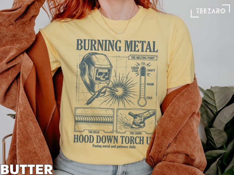 Burning Metal T-Shirt, Hood Down Torch Up Tee, Vintage Welding Shirt, Graphic Tee for Welders, Gift for Welding Enthusiasts