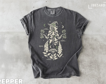 Botanical Witch T-Shirt: Poisonous Plants & Moon Phases - Dark Academia Gothic Tee