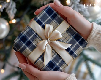 Tartan Christmas Wrapping Paper: Classic Plaid, Repeat Pattern, Navy Blue
