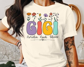 Colorful GIGI Floral T-Shirt, Custom Grandma Gift, Personalized Family Names Tee, Bright Flowers Shirt, Casual Women's Top, Summer Wear