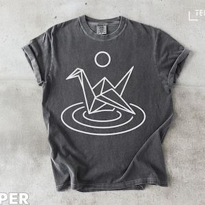 Minimalist Origami Crane T-Shirt: Abstract Moon Graphic Tee