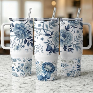Blue Floral 40 Oz Tumbler Wrap: Seamless Sublimation Design (PNG)
