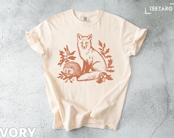 Fox and Hedgehog T-Shirt: Woodland Creature Graphic, Rustic Style, Nature Art