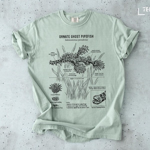 Maglietta con illustrazione scientifica di un pesce ago fantasma decorato, tema vita oceanica e biologia marina.