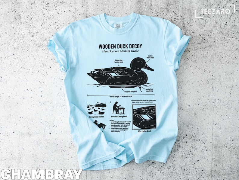 Light blue t-shirt with black graphic of a wooden mallard drake decoy and informational text.