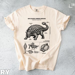 May include: Ivory t-shirt with a detailed black and white illustration of an Ankylosaurus, an armored dinosaur, and diagrams. The text "ANKYLOSAURUS (ARMORED DINOSAUR)" is also visible. The shirt is made of a soft material.
