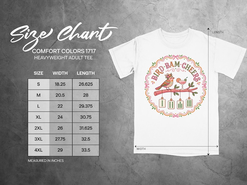 Size chart for Comfort Colors 1717 heavyweight adult tee, with dimensions in inches.
