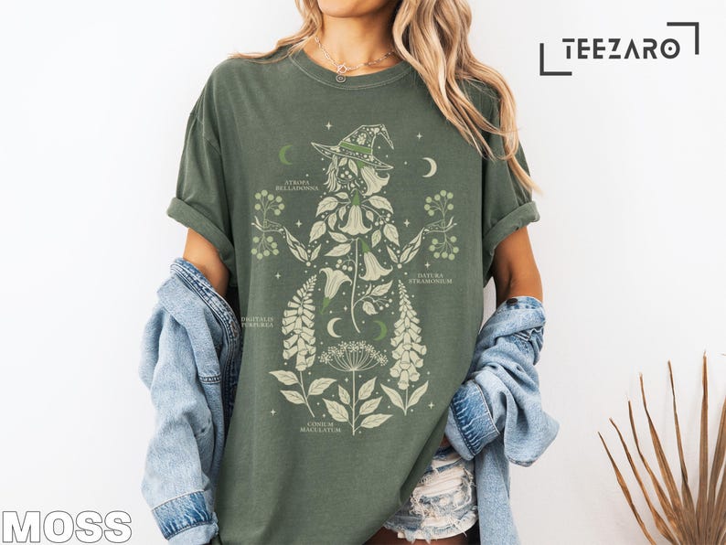 Witchy Botanical Graphic Tee, Moon Phase Plant Shirt, Women's Nature Art T-Shirt, Mystical Herbal Illustration Top, Green Casual Fashion