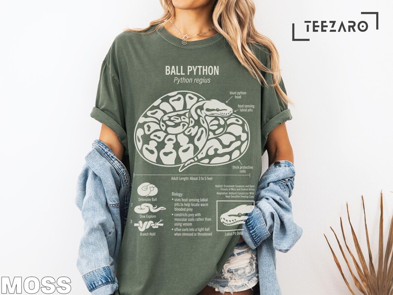 Green t-shirt with diagram of a ball python and its anatomy.