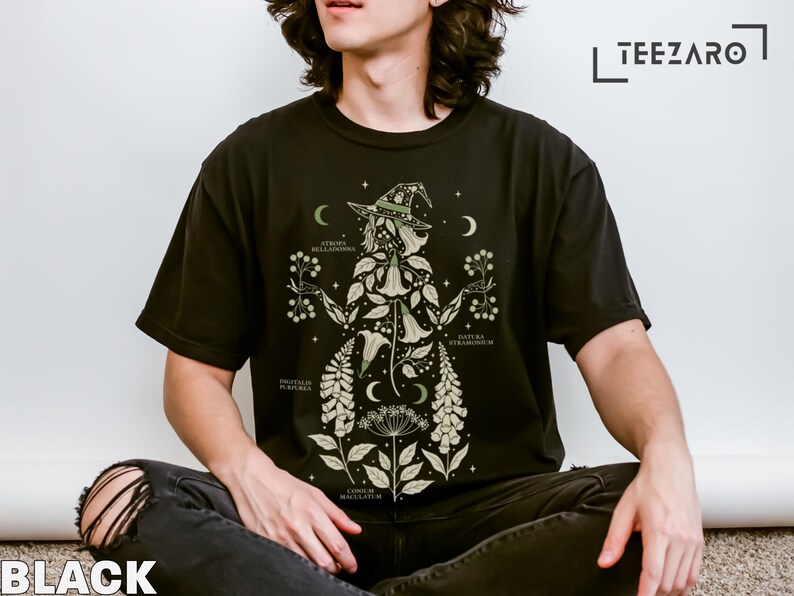 Witch Graphic T-Shirt, Black Unisex Tee, Moon and Stars Shirt, Mystical Witchcraft Clothing, Occult Inspired Apparel