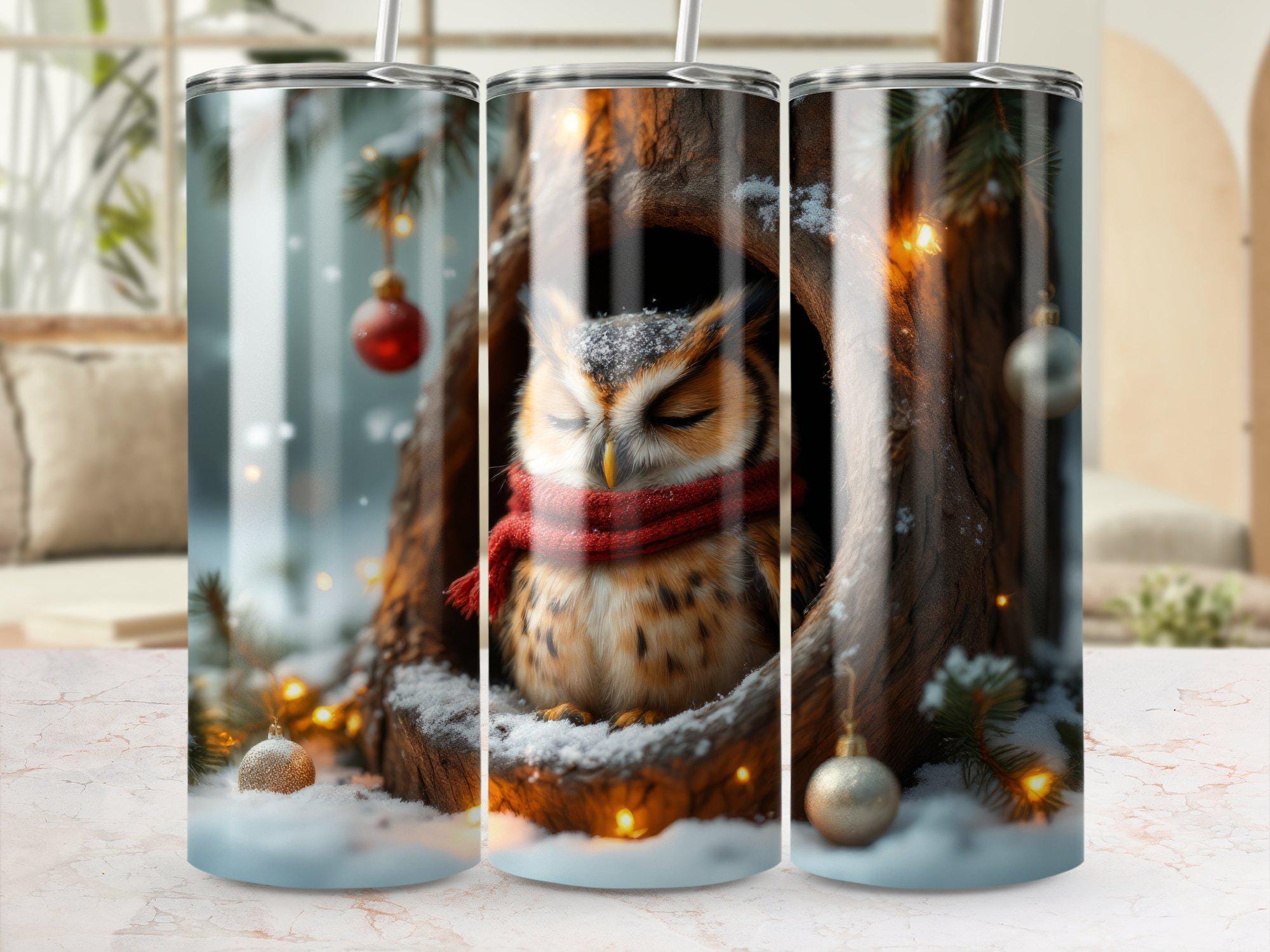 Christmas Owl Digital Tumbler Wrap 20oz, Holiday Owl Sublimation Design, Winter Owl PNG, Cute Christ
