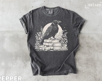 Raven on Books T-Shirt: Gothic Dark Academia Literary Tee