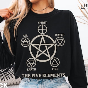 May include: A black long-sleeve sweatshirt featuring a large off-white graphic of a pentagram surrounded by five smaller circles. Each circle contains a symbol labeled Spirit, Air, Water, Earth, or Fire. The text THE FIVE ELEMENTS is printed below.