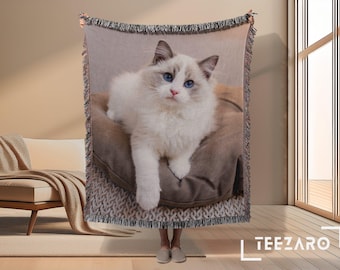 Custom Pet Photo Woven Blanket: Dog Cat Memorial Gift