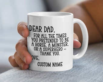 Personalized Father's Day Mug, Custom Dad Appreciation Coffee Cup, Gift for Dad, Dear Dad Horse Monster Superhero Mug