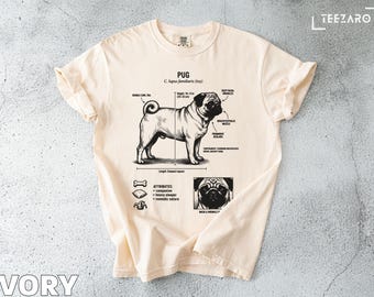 Camiseta Pug: Raza de perro, diseño anatómico, colores cómodos, amante de las mascotas