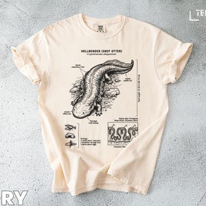 May include: Ivory t-shirt with a black and white diagram of a Hellbender (Snot Otter), labelled with anatomical details. The shirt displays the text "HELLBENDER (SNOT OTTER)" and "Cryptobranchus alleganiensis". The total length is 30-74 cm.