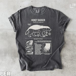 Może przedstawiać: Ciemnoszara koszulka z szczegółową białą ilustracją borsuka miodowego i informacjami naukowymi. Tekst "HONEY BADGER Mellivora capensis" znajduje się na górze. Koszulka zawiera również diagramy i tekst o cechach zwierzęcia.