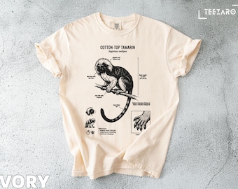 T-shirt tamarin à haut en coton : singe en voie de disparition, illustration détaillée, noir et blanc