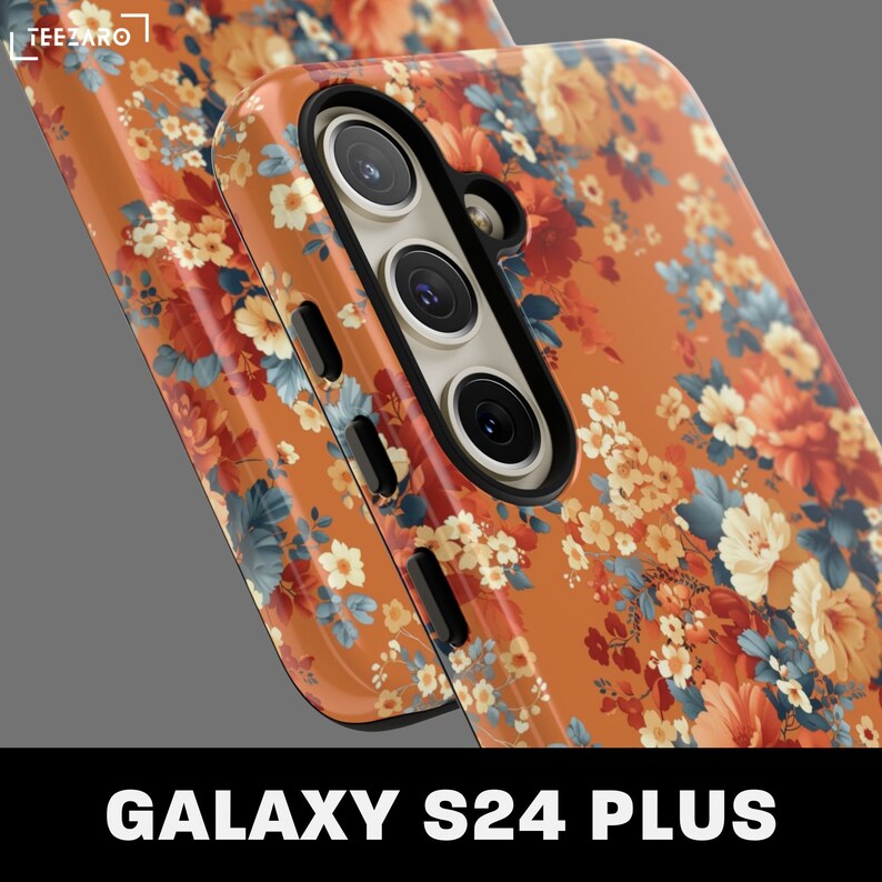 May include: A floral phone case for the Galaxy S24 Plus. The case features a vibrant orange background with a colorful floral pattern.