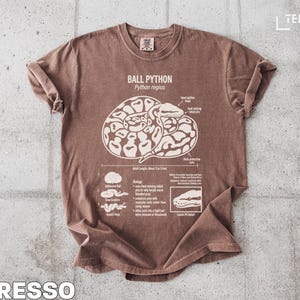 Brown t-shirt with a diagram of a ball python and its features.