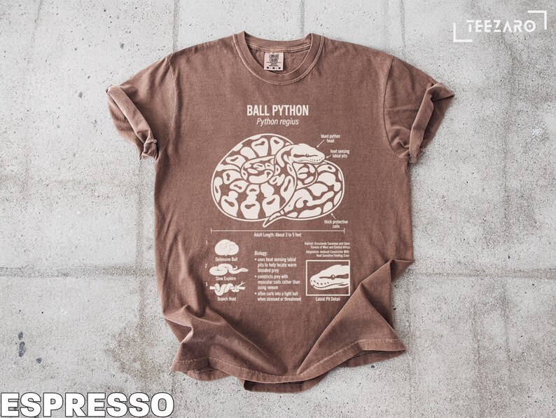 Brown t-shirt with a diagram of a ball python and its features.
