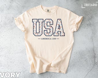 USA Semiquincentennial T-Shirt: Floral Print, Patriotic Tee, 4th of July Top
