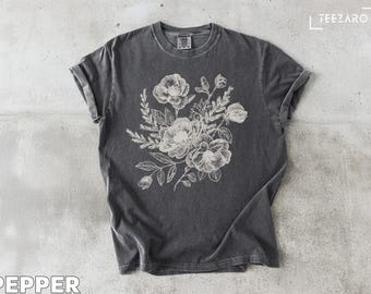 Floral T-Shirt: Botanical, Detailed, Elegant Rose Flowers Graphic Design