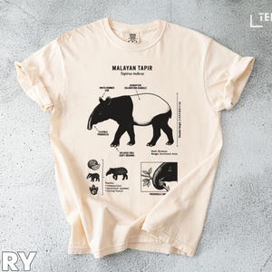 以下が含まれることがあります： マレーバクの詳細なイラストが描かれたアイボリー色のTシャツ。解剖学的ラベルと追加のスケッチが含まれています。Tシャツには「MALAYAN TAPIR」と「Tapirus indicus」の文字が書かれています。