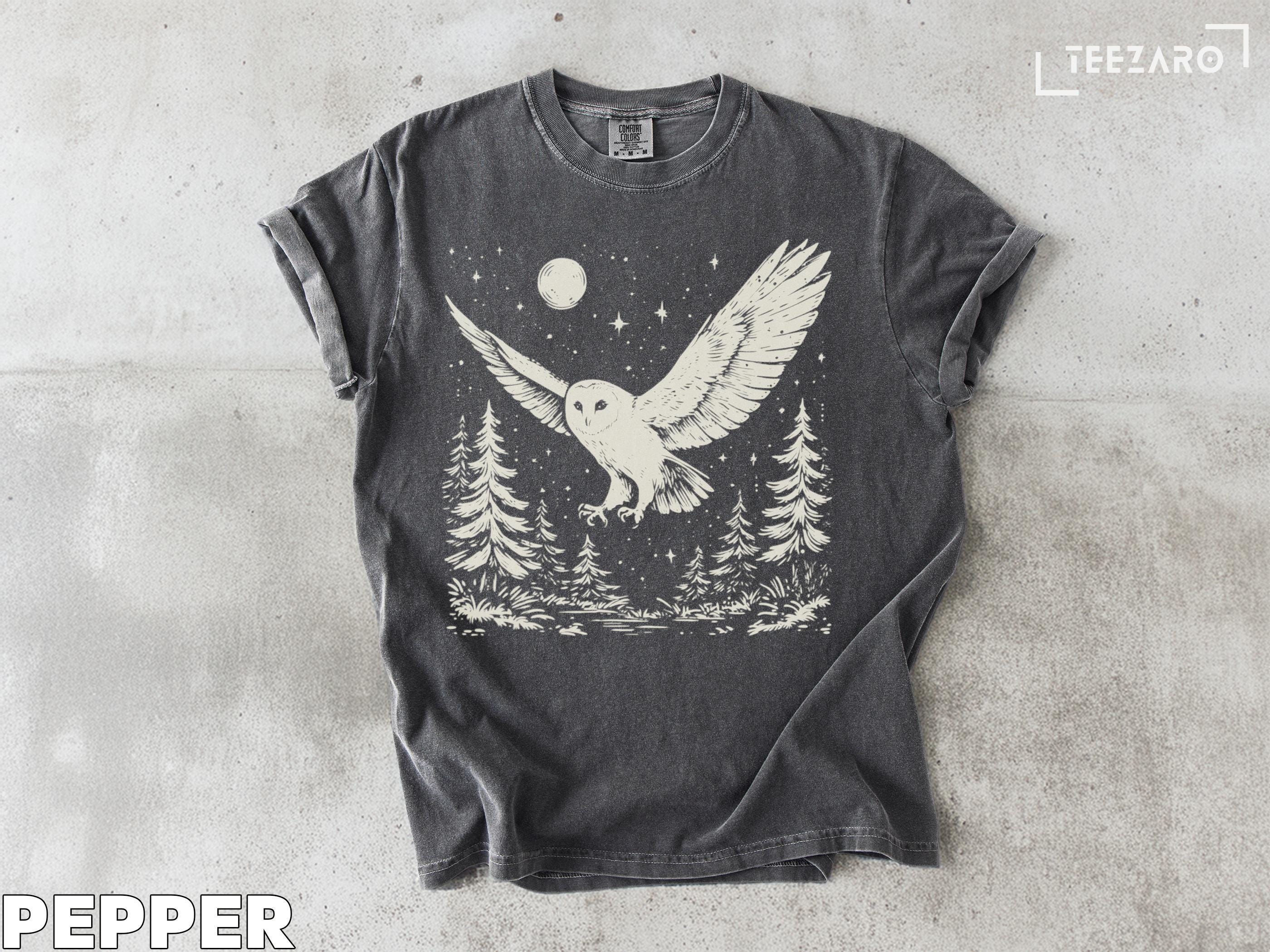 Barn Owl T-Shirt, Flying Owl, Night Forest, Moon Stars Tee, Nature Graphic, Bird Lover Gift, Unique 