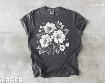 Black and White Floral T-Shirt: Botanical Comfort Colors Tee
