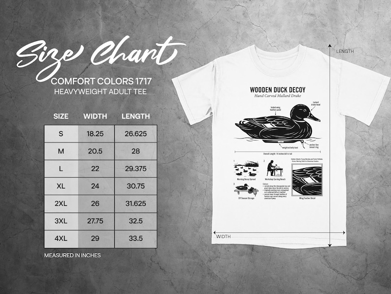 Size chart for Comfort Colors 1717 t-shirt with wooden duck decoy graphic.