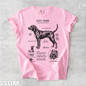 Pink t-shirt with Plott Hound illustration and details.