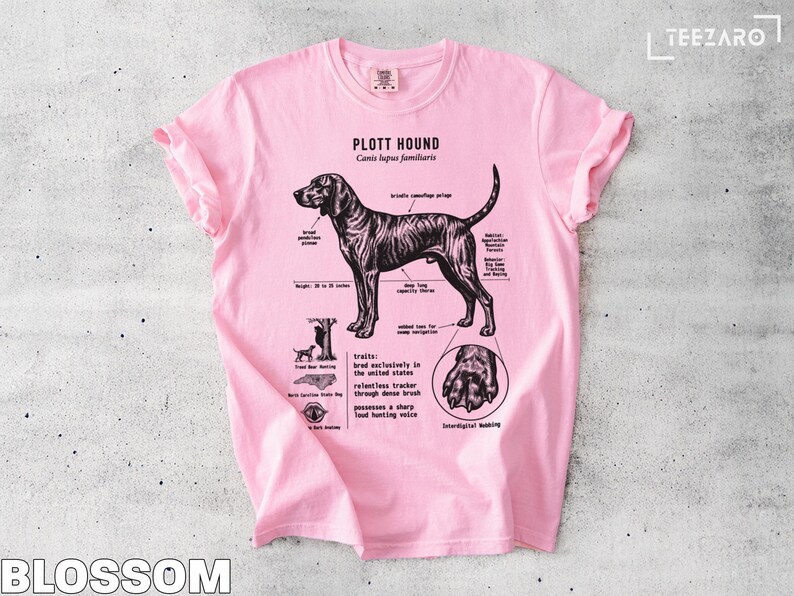 Pink t-shirt with Plott Hound illustration and details.