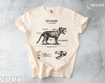 T-shirt thylacine: uitgestorven Tasmaanse tijger, gedetailleerde anatomie, comfortabele kleuren