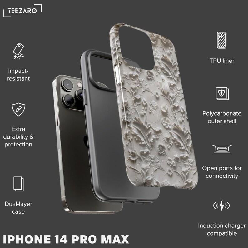 Puede incluir: Una funda de tel&eacute;fono blanca para iPhone 14 Pro Max con un dise&ntilde;o floral en relieve. La funda est&aacute; hecha de un material de doble capa con una carcasa exterior de policarbonato y un forro de TPU. La funda tiene puertos abiertos para la conectividad y es compatible con la carga inal&aacute;mbrica.