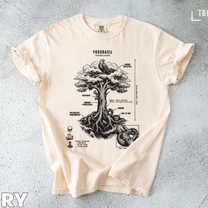 Puede incluir: Camiseta de color marfil con una ilustración detallada en blanco y negro de Yggdrasil, el Árbol del Mundo, con etiquetas y un pájaro. El diseño incluye raíces, ramas y una serpiente. La camiseta tiene mangas enrolladas.