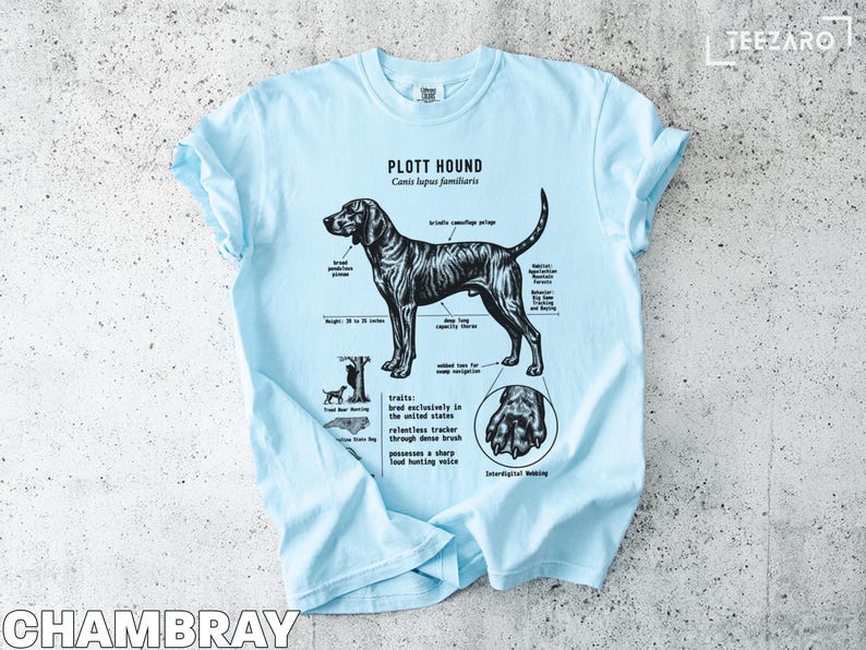 Plott Hound t-shirt with anatomical diagram and text details.
