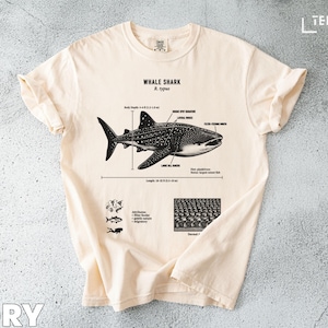 May include: Ivory-colored t-shirt featuring a detailed illustration of a whale shark with anatomical labels. The graphic includes measurements of 30-33 ft (9.1-10.1 m) in length. Additional diagrams and text are also present on the shirt.