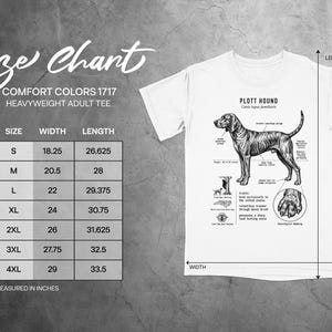 Plott Hound size chart with width and length measurements for Comfort Colors 1717 heavyweight tees.