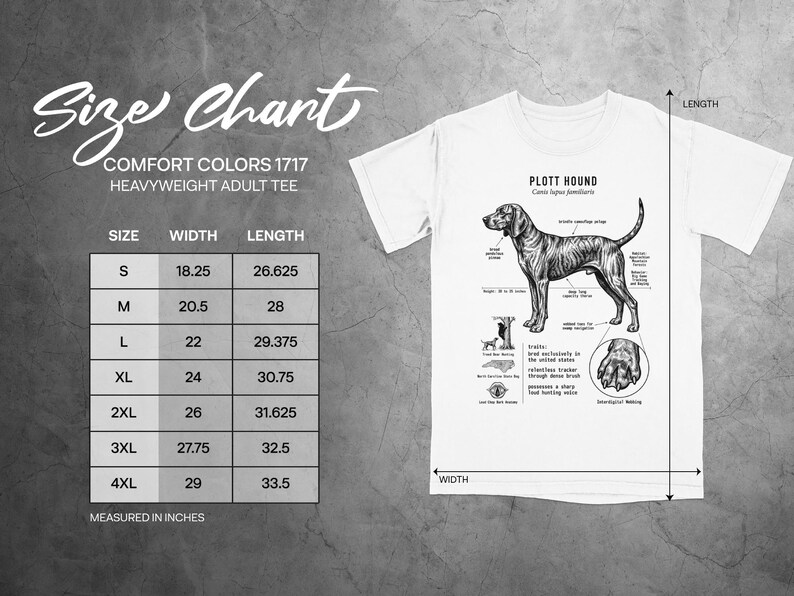 Plott Hound size chart with width and length measurements for Comfort Colors 1717 heavyweight tees.