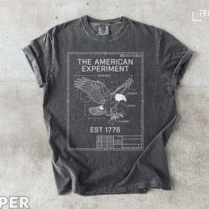 Puede incluir: Camiseta gris oscuro con un diseño gráfico blanco. El diseño presenta un águila con las alas extendidas, un borde estilo plano y el texto "THE AMERICAN EXPERIMENT EST 1776". La camiseta tiene cuello redondo y mangas cortas.