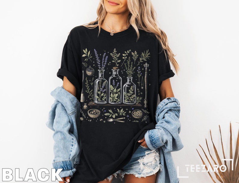 Botanical Apothecary T-Shirt: Cottagecore Herbalist Design Black
