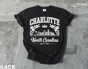 Charlotte North Carolina T-Shirt: City Skyline, Crown & Floral Design