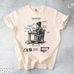 May include: Ivory-colored t-shirt featuring a detailed illustration of a writer at a desk, with text labels describing the writing process. The graphic is in black and white, with the words "THE NOVELIST" at the top. The shirt is made of soft material.