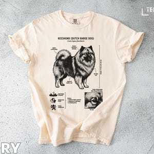 May include: Ivory t-shirt with a Keeshond dog illustration, labelled "KEESHOND (DUTCH BARGE DOG)". The dog's height is noted as 43-48 cm. The design includes anatomical details and the word "IVORY".