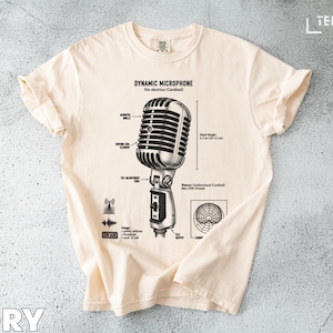 Puede incluir: Camiseta de color marfil con un diagrama detallado de un micrófono dinámico. El gráfico incluye etiquetas para pozos acústicos, elemento de bobina móvil y otros componentes. El texto "DYNAMIC MICROPHONE" está impreso en la parte superior.