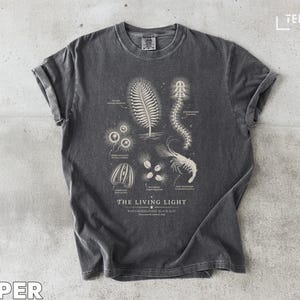 May include: A dark gray t-shirt featuring a detailed scientific illustration of bioluminescent organisms. The design includes various shapes and the text "THE LIVING LIGHT". The shirt has rolled-up sleeves and a vintage, worn look.
