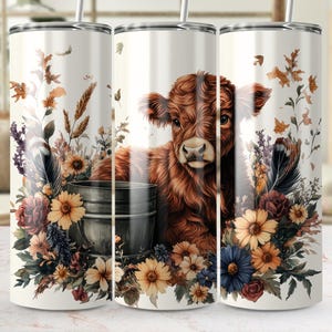 Floral Highland Cow 20oz Tumbler Wrap: Rustic PNG Design (Digital Download)